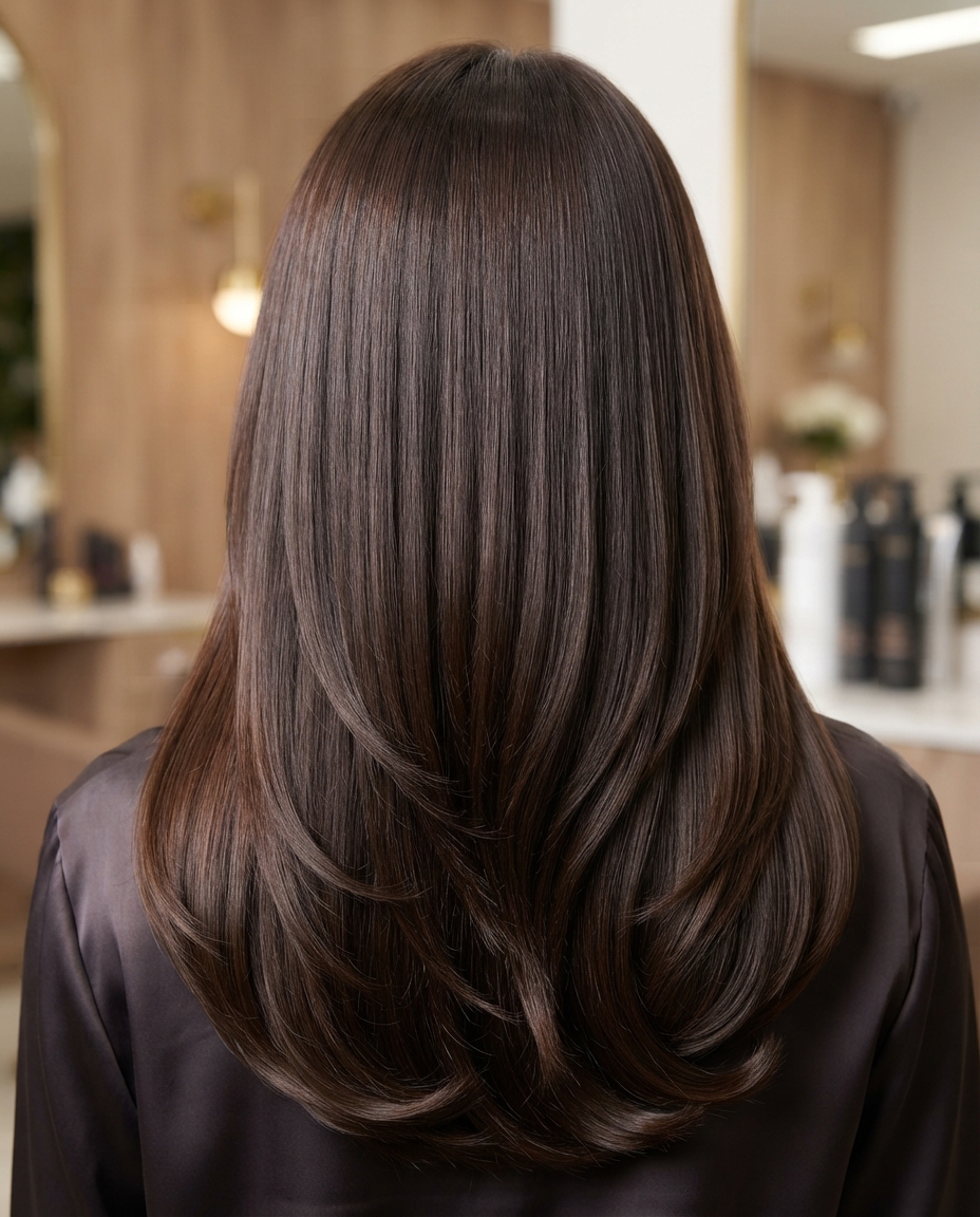 Woman with long straight layered hair styled with a soft round-brush blowout