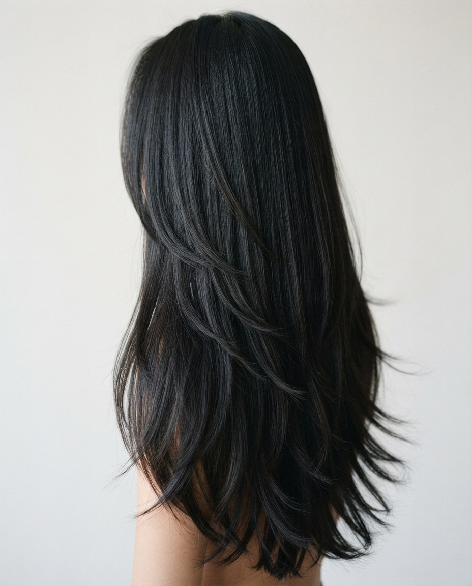 Woman with long thick straight hair layered with wide spacing to reduce bulk