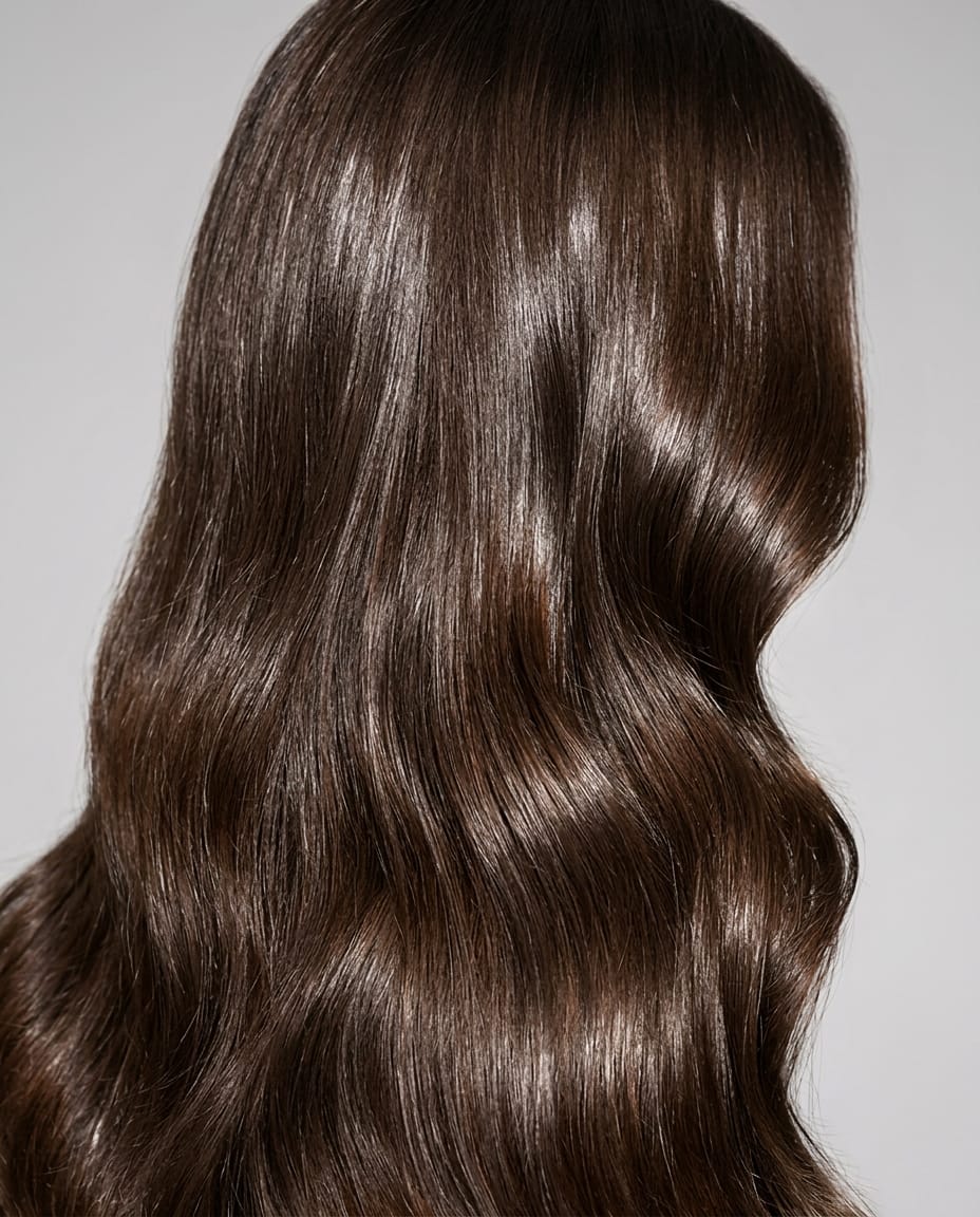 Woman with natural brunette hair enhanced with a glossy tint treatment