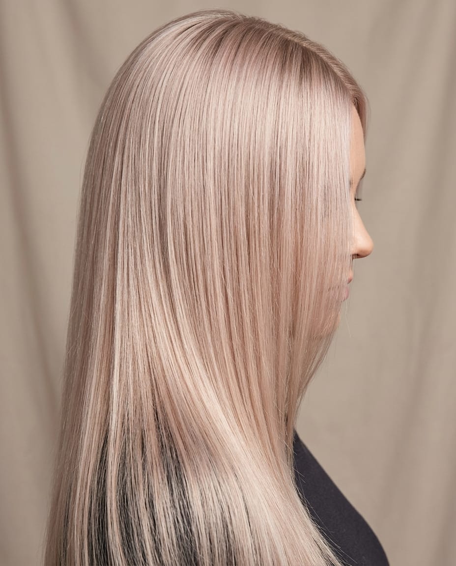 Woman with pale champagne blonde hair color