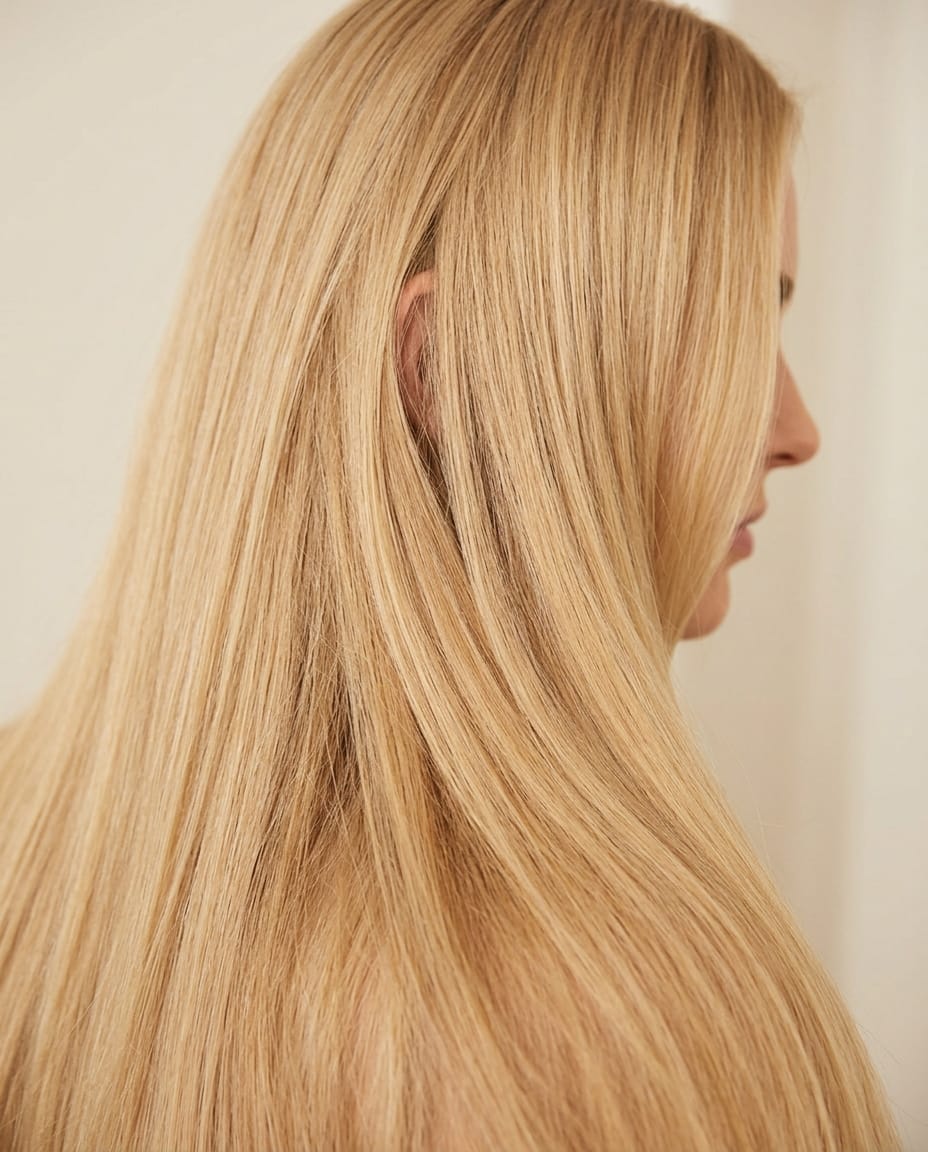 Woman with warm buttery blonde hair color.