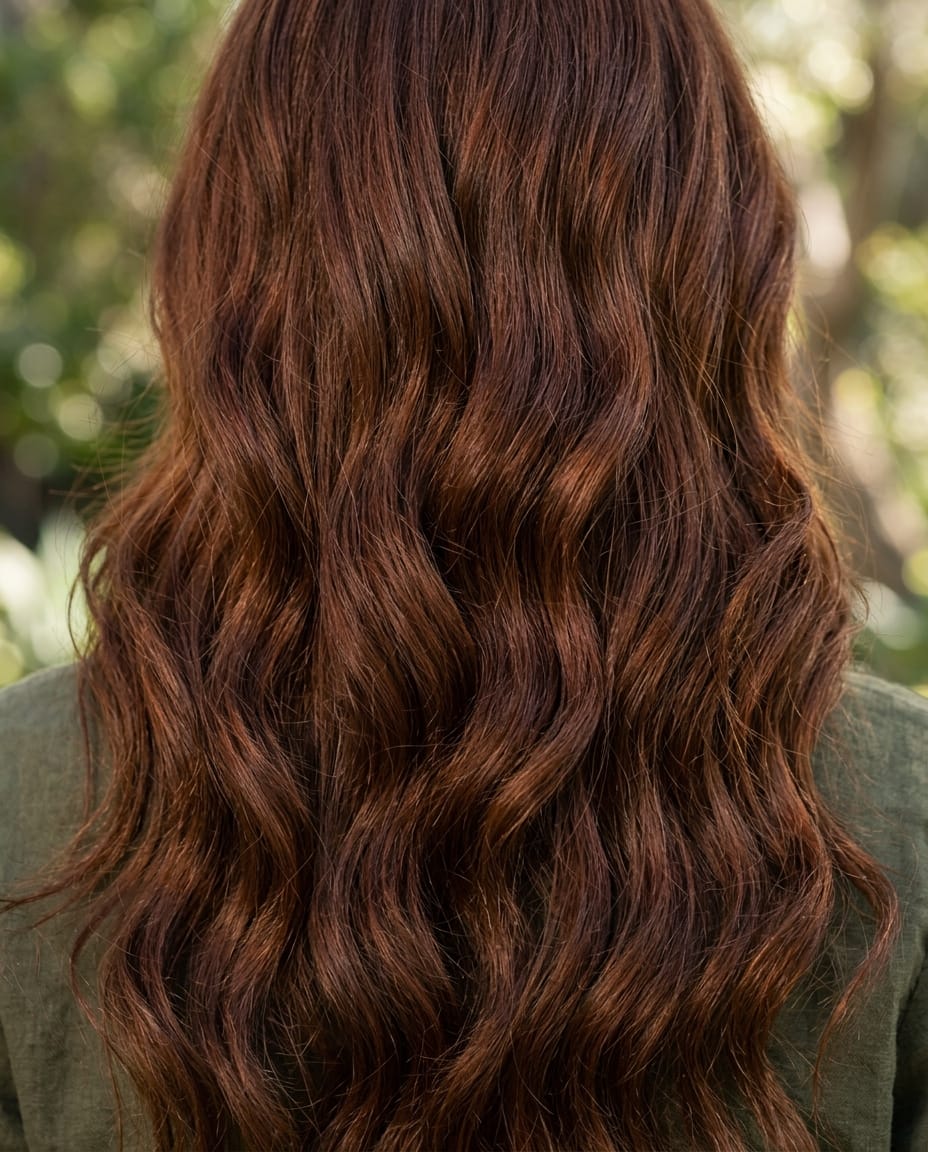 Woman with warm chestnut brown hair color.