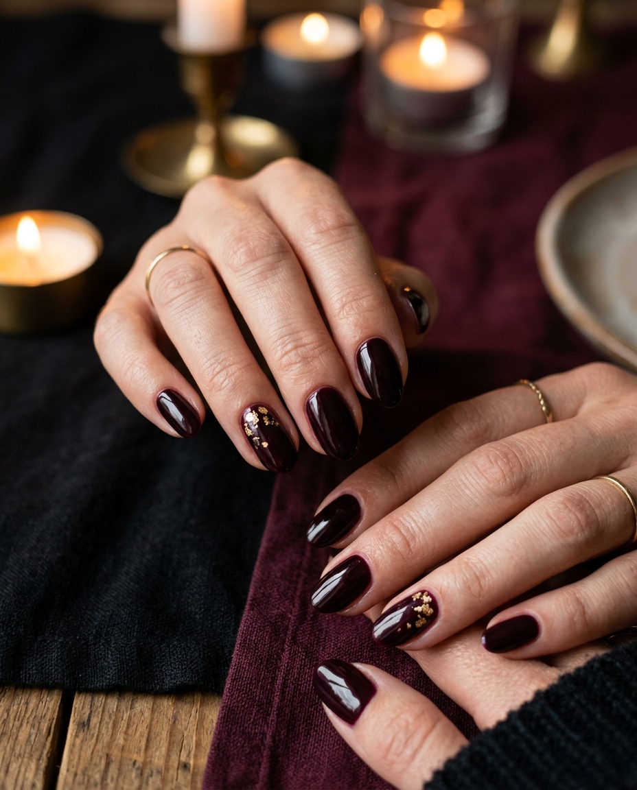 Black Cherry Nails With Subtle Gold Foil