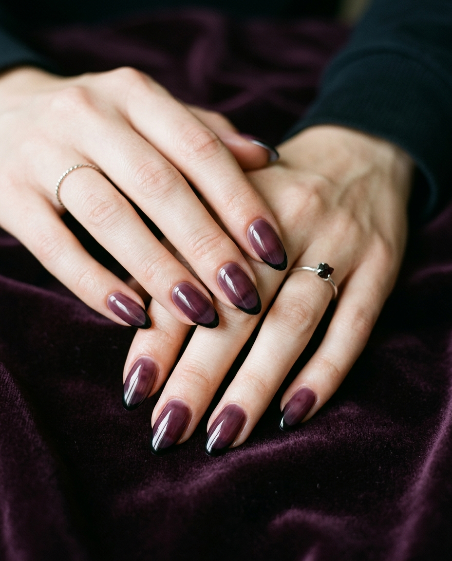 Black French Tips With Deep Plum Base