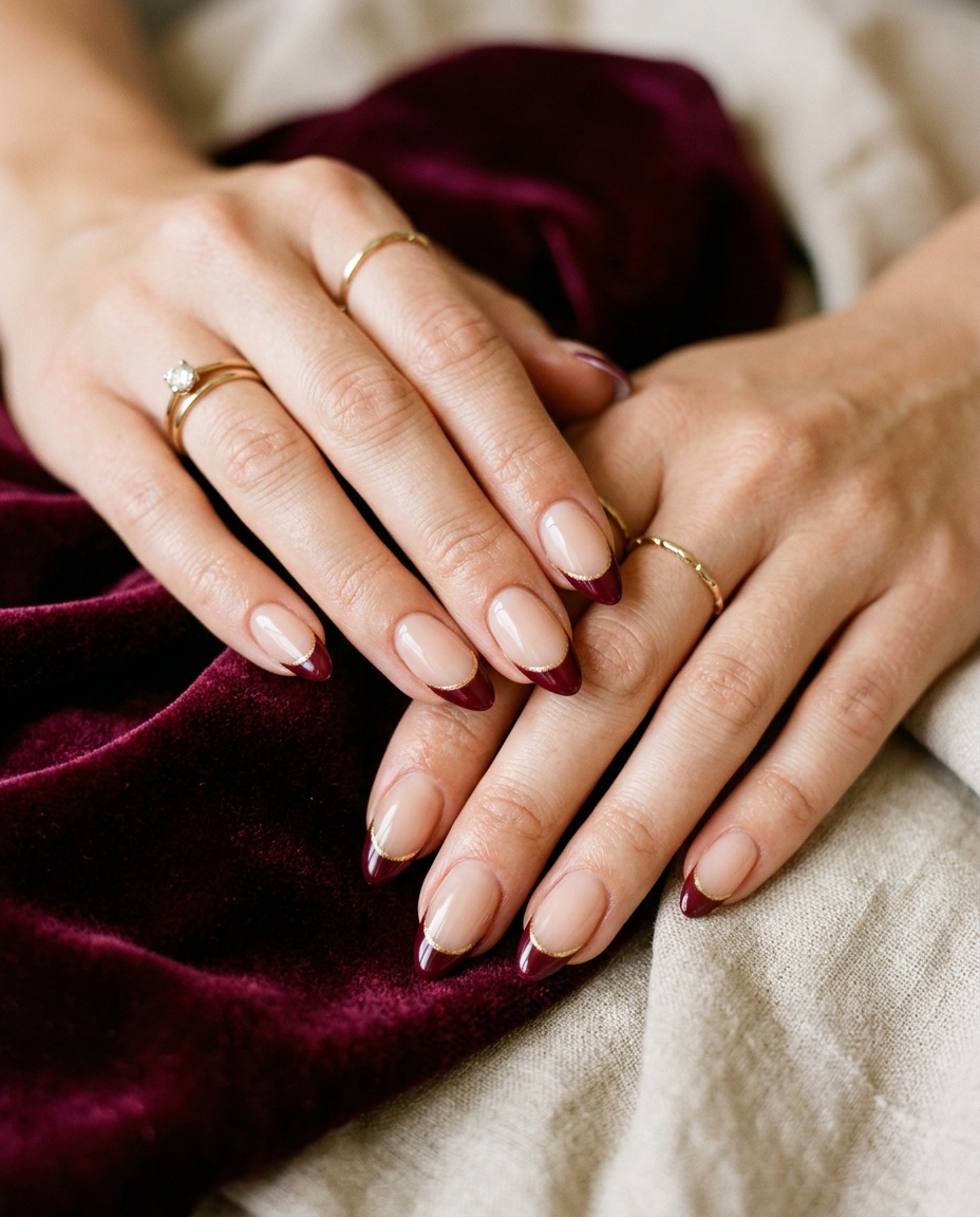 Burgundy and Gold French Nails