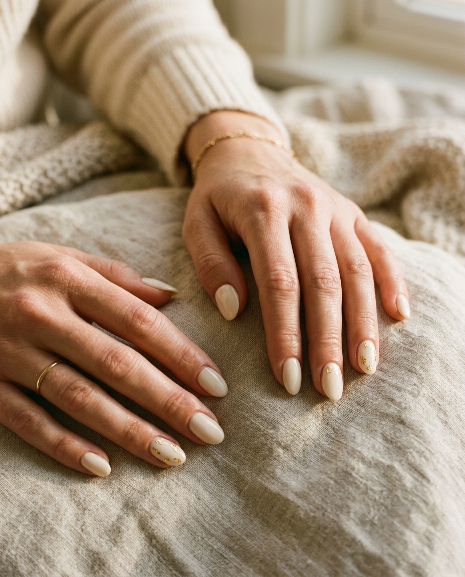 Cream Nails With Tiny Gold Leaf Details