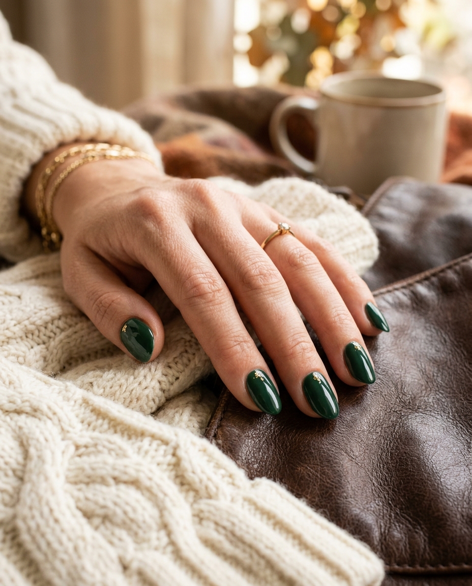 Forest Green Nails With Gold Accents