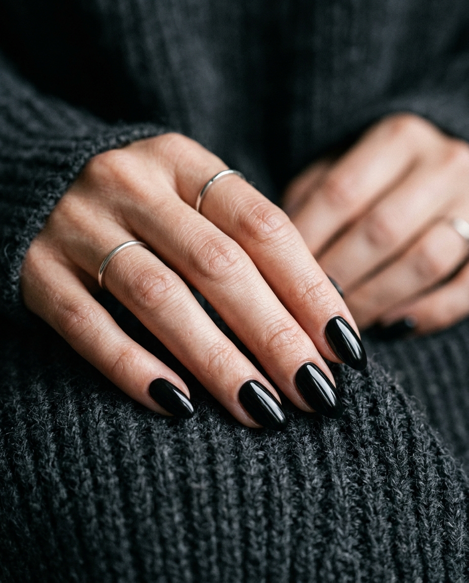 Glossy Black Almond Nails