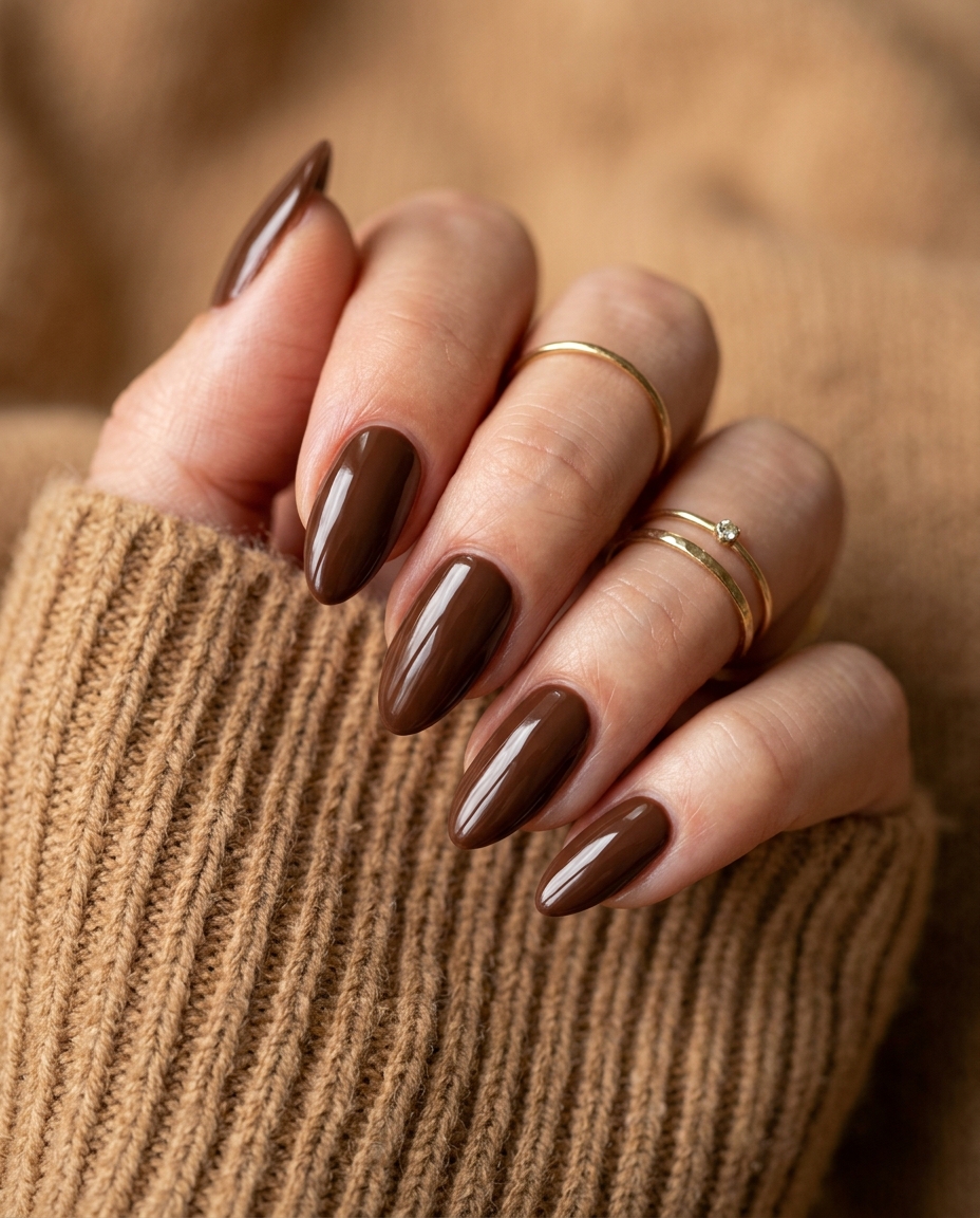 Glossy Chocolate Brown Almond Nails