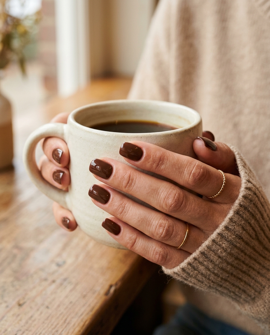 Glossy Chocolate Brown Short Nails