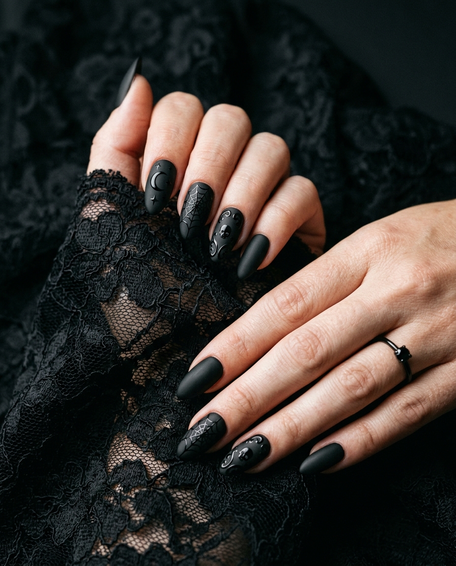 Matte Black Nails With Glossy Gothic Details