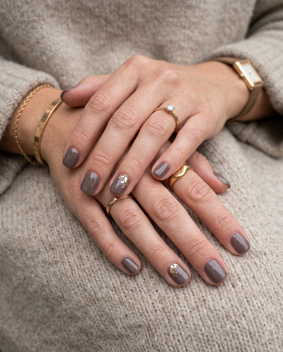 Taupe Nails With Tiny Gold Foil